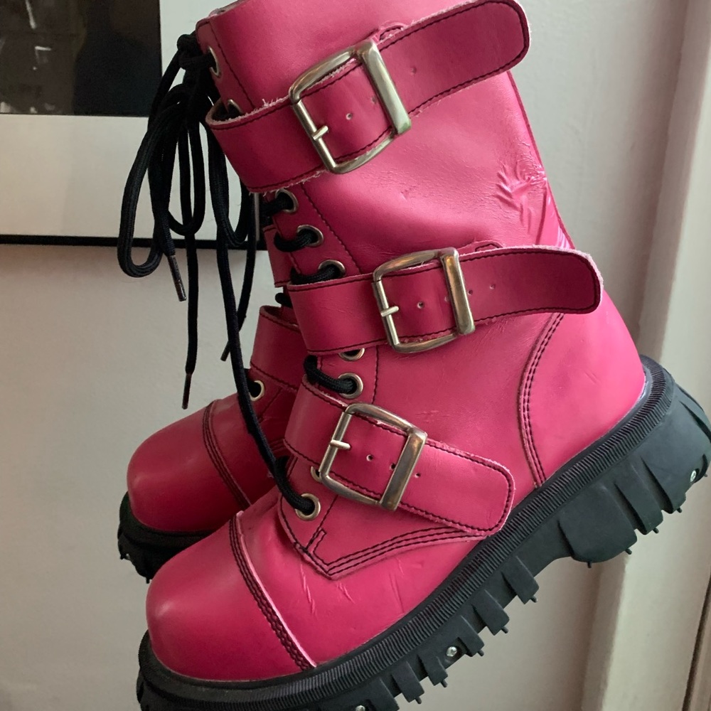 T.U.K. Hot Pink Buckle Combat Boots